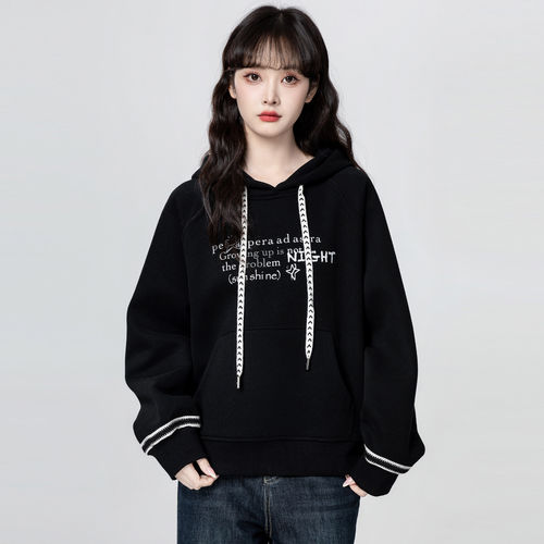 美式黑色连帽卫衣女春秋2