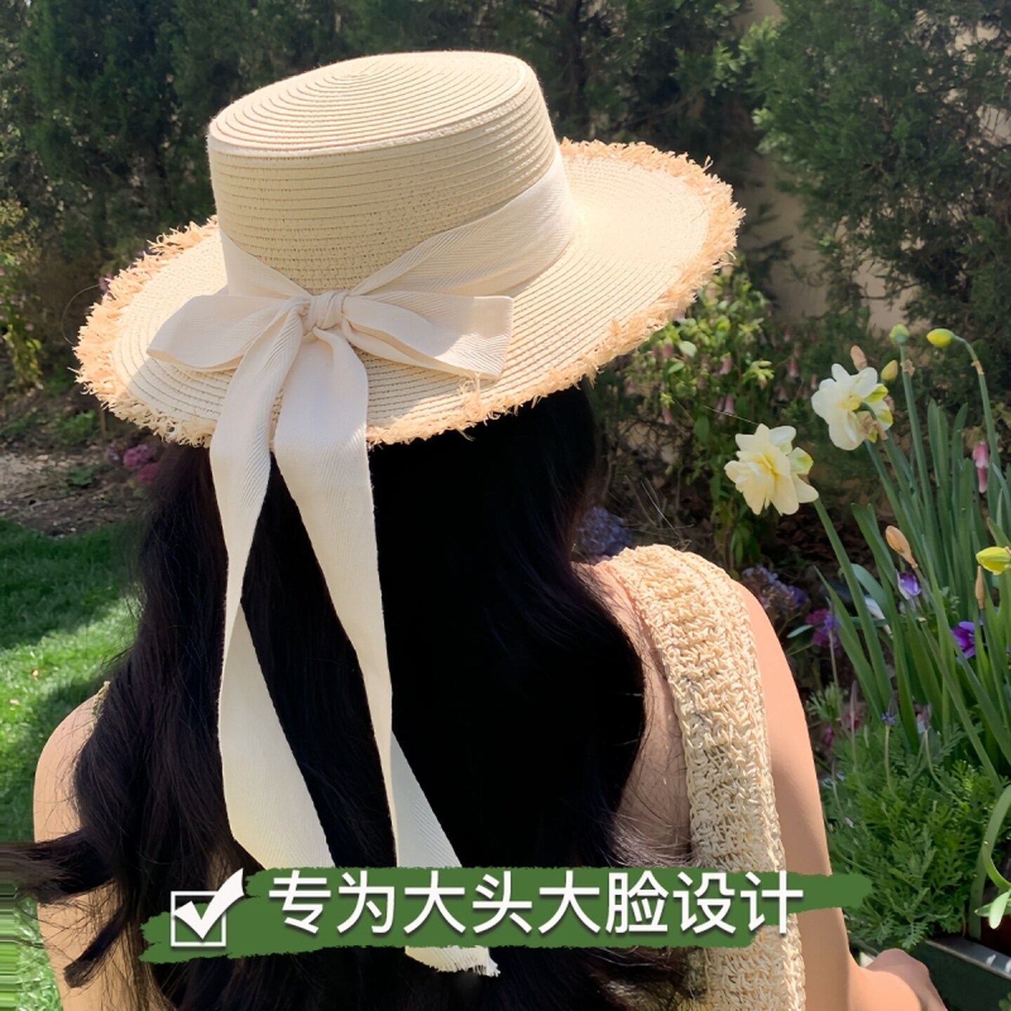 草帽田园风平顶草帽大头围法式海边度假飘带编织大帽檐防晒遮阳帽