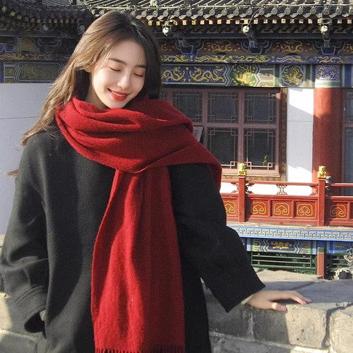 红围巾中国红高级感围巾女秋冬季新款纯色百搭仿羊绒披肩两用