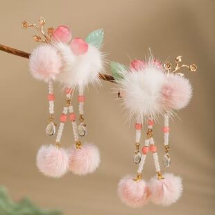 汉服配饰女童头饰冬季毛球发夹古风头饰粉色可爱儿童对夹步摇