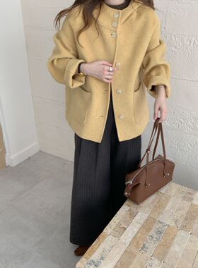 2025冬新款黄色连帽双面羊毛大衣女小个子短款宽松羊毛呢外套上衣