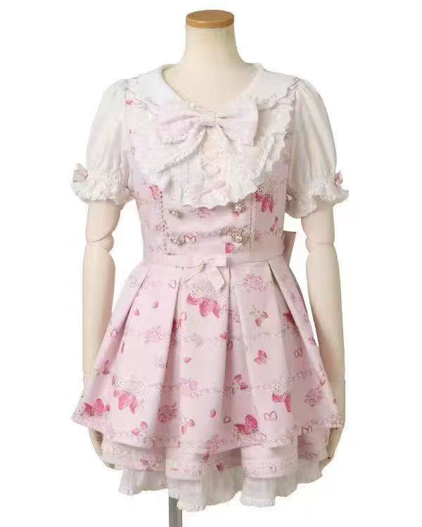 thumbnail for lizlisa Japanese Mass-Produced Cream Strawberry Embroidered Sweet Cute Dress Berry Floral Print Set