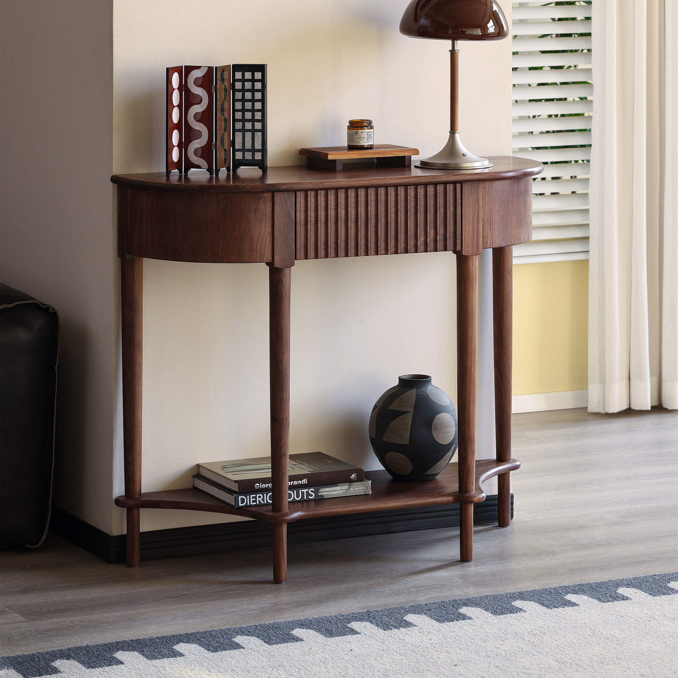 黑胡桃之家/黑胡桃木玄关桌法式复古全实木半圆过道台靠墙隔断架