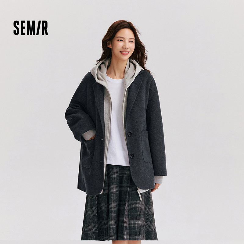 森马含羊毛双面呢西装领外套女