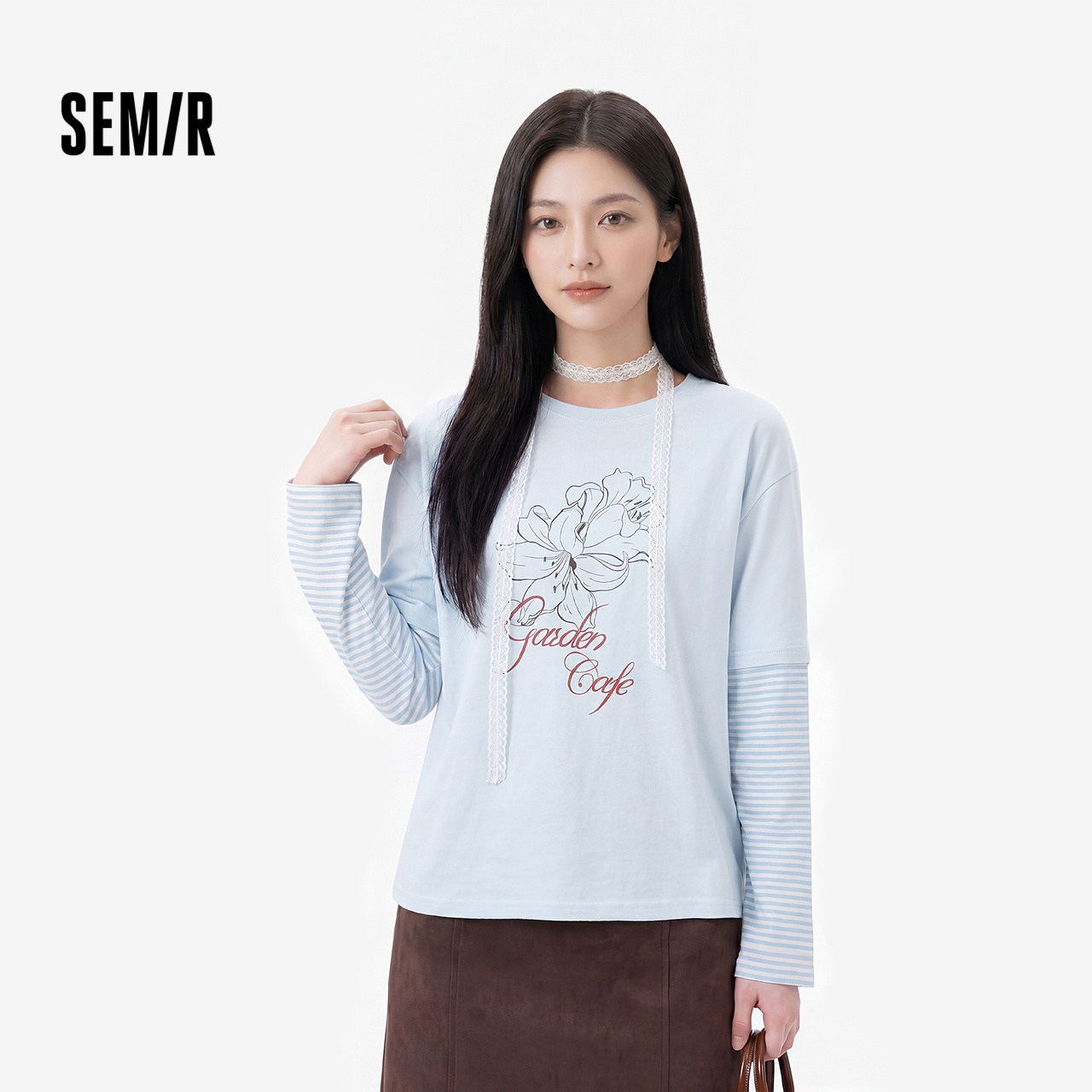森马特宽松条纹假两件长袖T恤女