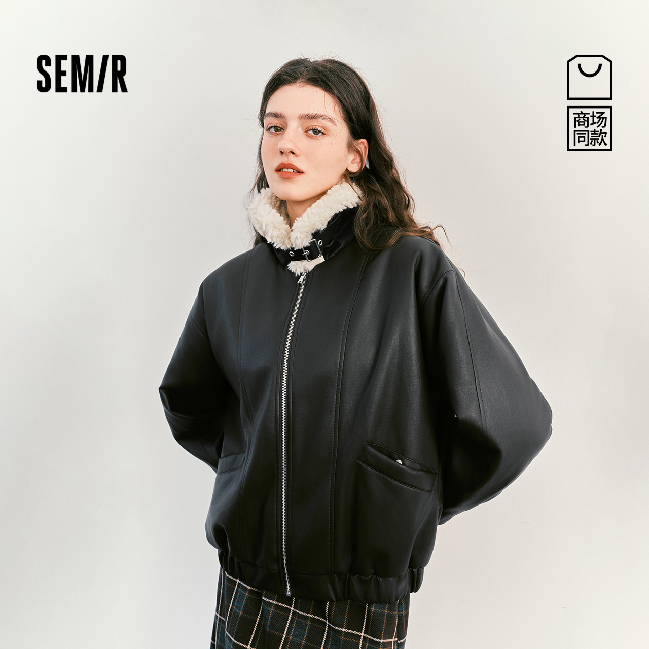 森马外套女冬PU仿皮仿羊羔毛夹克