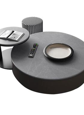 圆形茶几意式灰色岩板电视柜组合大小圆可储物小户型大理石茶几