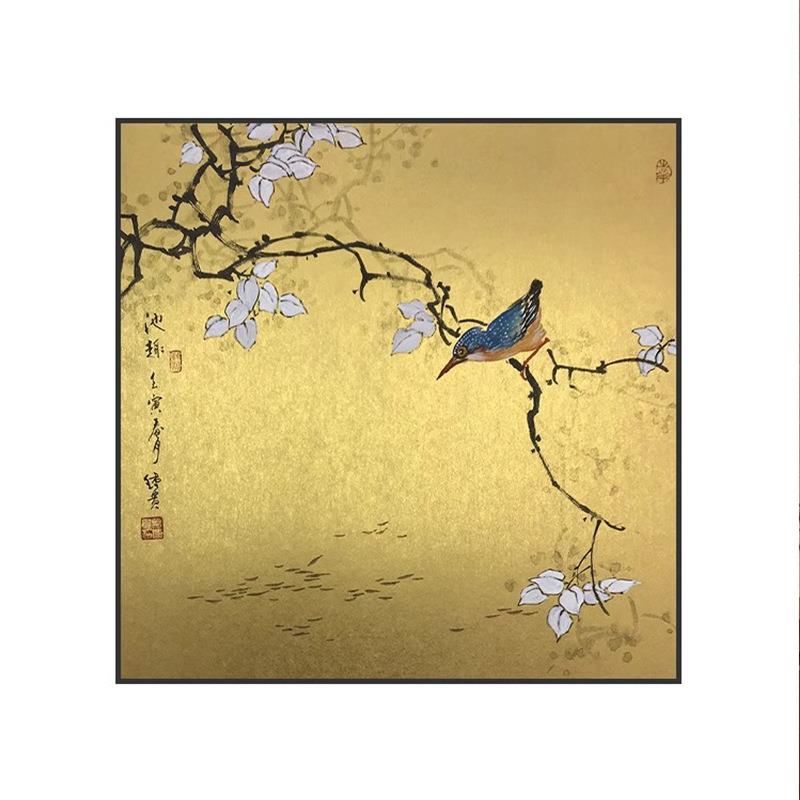 新中式禅意金箔花鸟图工笔画茶室客厅装饰画入户玄关壁画方形挂画