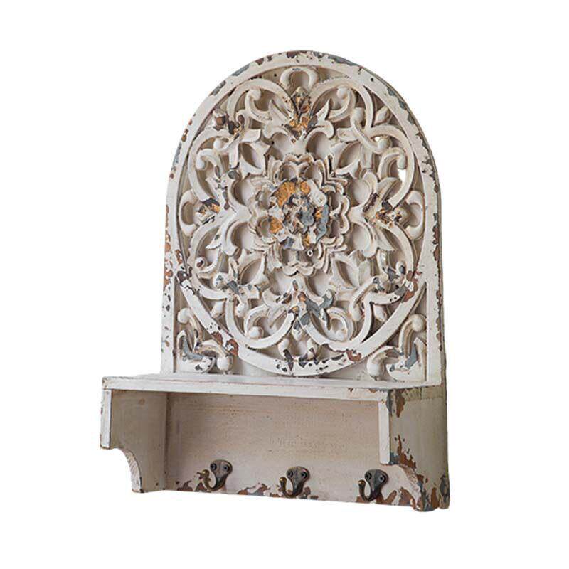 法式墙壁雕花置物架复古做旧墙面置物架入户玄关带挂钩钥匙收纳架