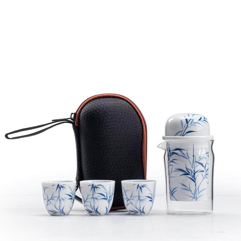 纯手绘釉下彩青花竹子陶瓷旅行茶具套装快客杯一壶三杯便携随身包,餐饮具,旅行茶具,淘宝优惠券,粉丝福利购,淘宝优惠卷