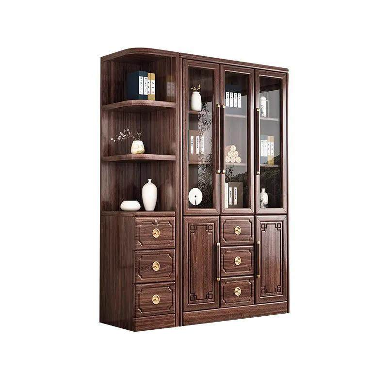 新中式黑胡桃木实木书柜书架书橱家用落地带玻璃门收纳柜子置物柜,住宅家具,书架,淘宝优惠券,粉丝福利购,淘宝优惠卷