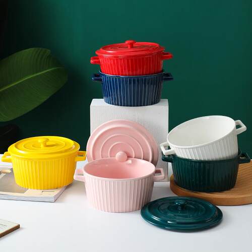 Colorful Striped Bowl with Lid Double Ear Ceramic Pot
