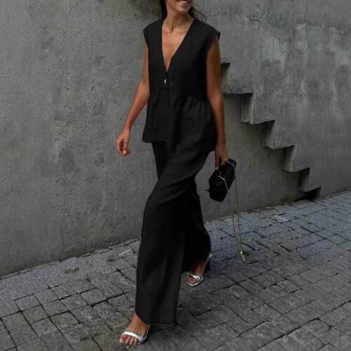 Button up sleeveless top, vest, pants set