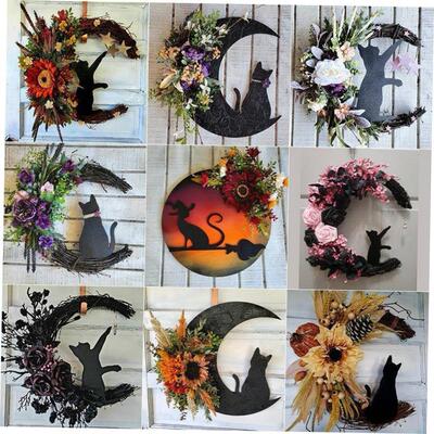 Halloween Moon Cat garland door hanging rattan ring decorati