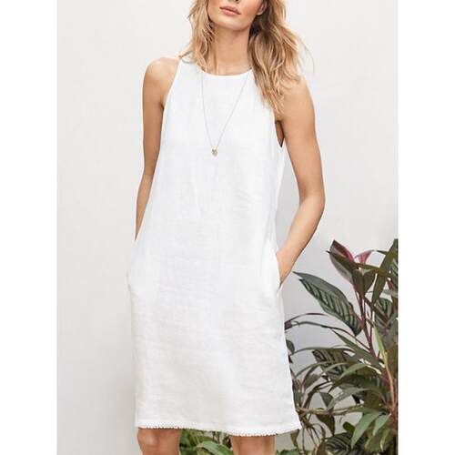 Cotton linen crew neck tank top dress 棉麻圆领无袖背心连衣裙