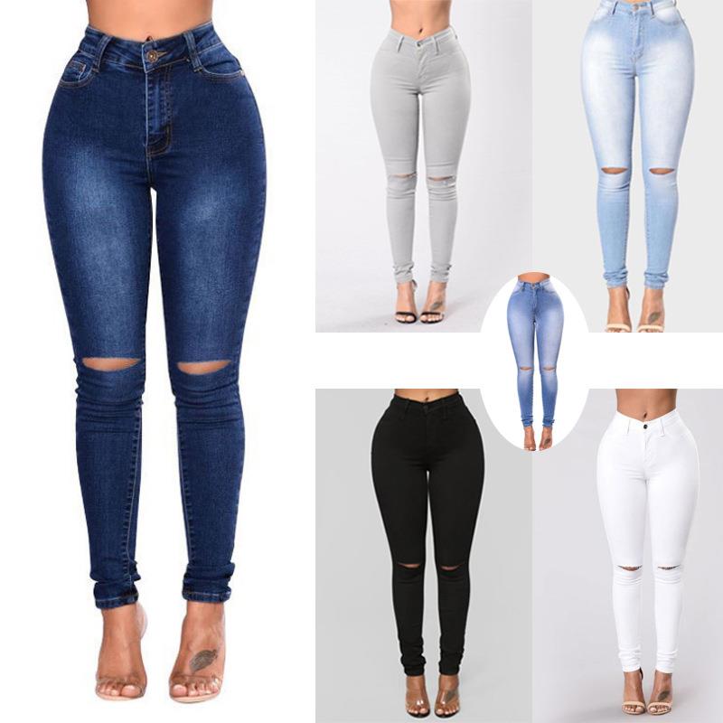 fashion elastic ripped jeans women ladies pants trousers女裤
