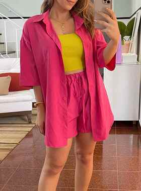 Simplee Casual lace up short sleeve summer set women Loose