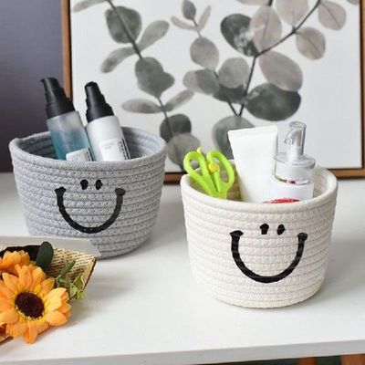 Handmade Woven Smiley Storage Baskets Cotton Rope Sundries