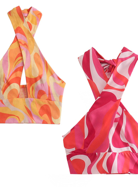 TRAF Print Crop Top Women Halter Neck Top Strapless Backless