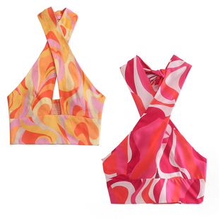 TRAF Print Crop Top Women Halter Neck Top Strapless Backless