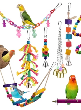 8 Pcs Bird Parrot Toys,Hanging Wooden Coconut Birds House wi