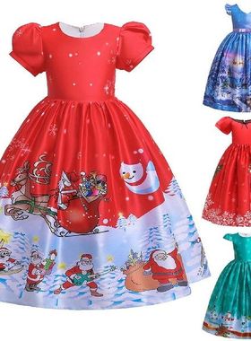 Christmas Bow Dress For Girls Kids Pageant Gown Santa Puff