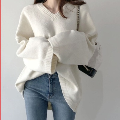 V-neck pullover loose white bottom knit sweater clothing
