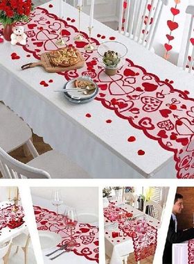 Love Table Runner Red Heart Print Decorations Red Lace
