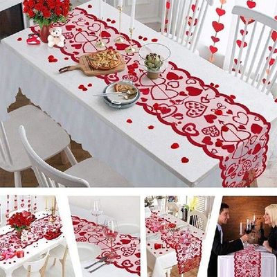Love Table Runner Red Heart Print Decorations Red Lace