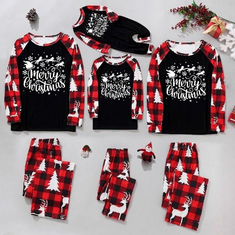 Merry Christmas Family Matching Outfits Letter Plaid Print