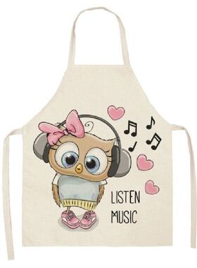 Owl Printed Kitchen Apron Cotton Linen Cartoon Pinafore For