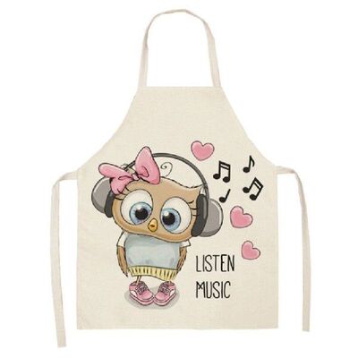 Owl Printed Kitchen Apron Cotton Linen Cartoon Pinafore For