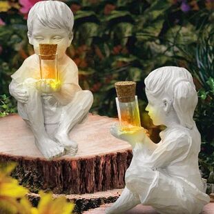 Garden Statue A Kid With Solar Fireflies Outdoor Garden Resi