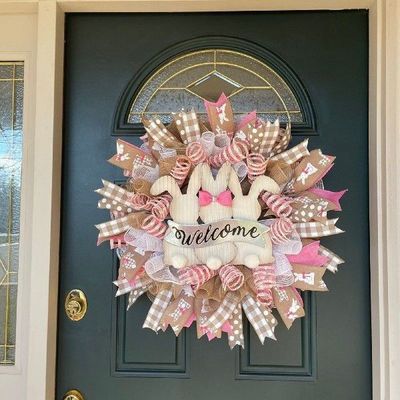 2021 Easter Welcome Hanging Wreaths Wooden Three Bunny With