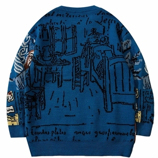 High Street Knitted Sweater Men Van Gogh Graffiti Print Swea