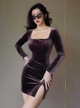 t middle dress black square neck suede hem split wrap skirt