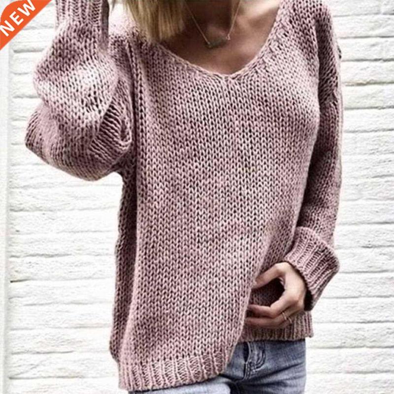 2020 Casual Women Loose Solid Color Knitted Sweater V Neck L