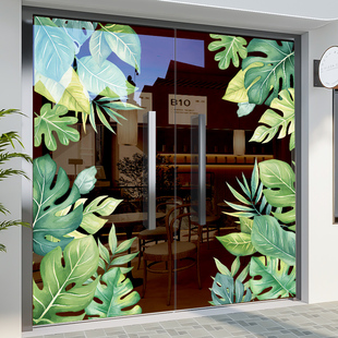 夏季绿叶玻璃门贴纸创意绿植静电贴画主题餐厅酒店落地窗装饰布置