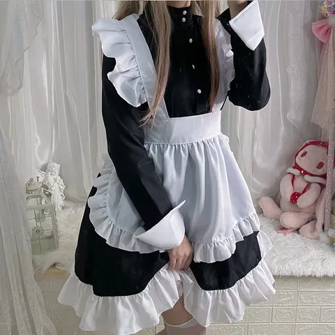 日系哥特连衣裙风动漫管家女仆装黑白新款lolitaCOS角色扮演