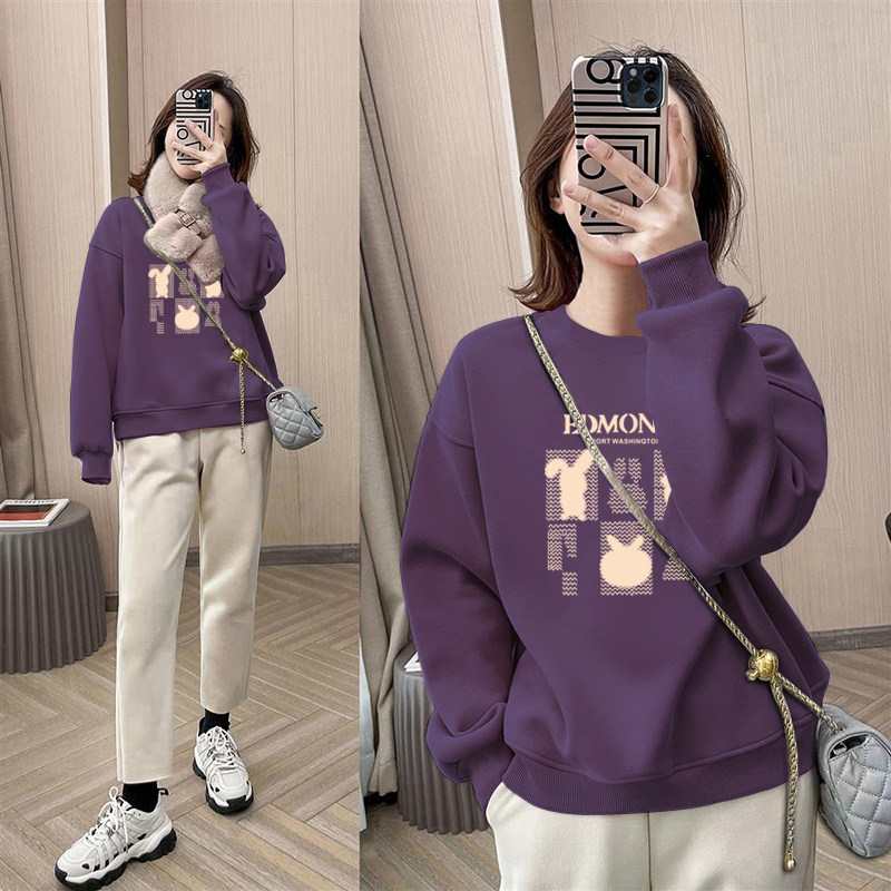 2025 New Autumn and Winter Thin American Casual Purple Top Loose Long Sleeve Round Neck Pullover Fleece Sweatshirt for Women