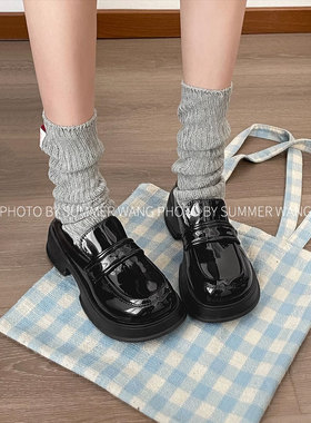 王夏天 学院风厚底乐福鞋女圆头粗跟复古英伦风一脚蹬小皮鞋单鞋