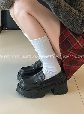 王夏天 厚底增高英伦风小皮鞋女新款百搭粗跟复古法式乐福鞋高跟