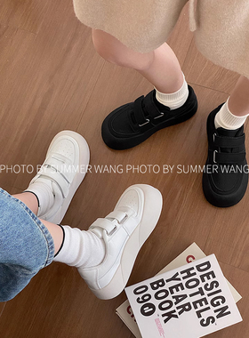 王夏天魔术贴厚底小白鞋板鞋女新款丑萌百搭面包鞋大头鞋休闲鞋子