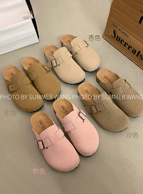 王夏天 三喜同款真皮软木底勃肯鞋厚底外穿拖鞋女复古包头博肯鞋