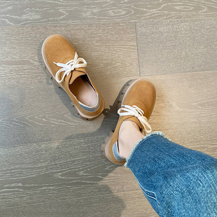 厚底拼色小码内增高12cm勃肯鞋女系带复古乐福鞋小个子松糕厚底鞋