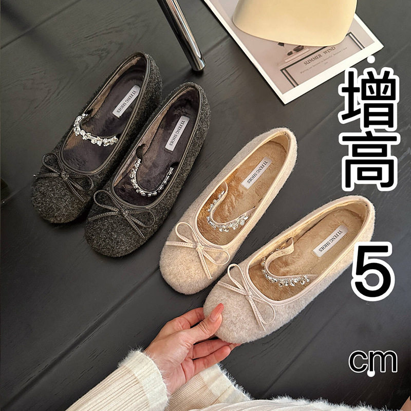 内增高小个子蝴蝶结毛毛鞋外穿加绒水钻玛丽珍芭蕾舞单鞋保暖棉鞋