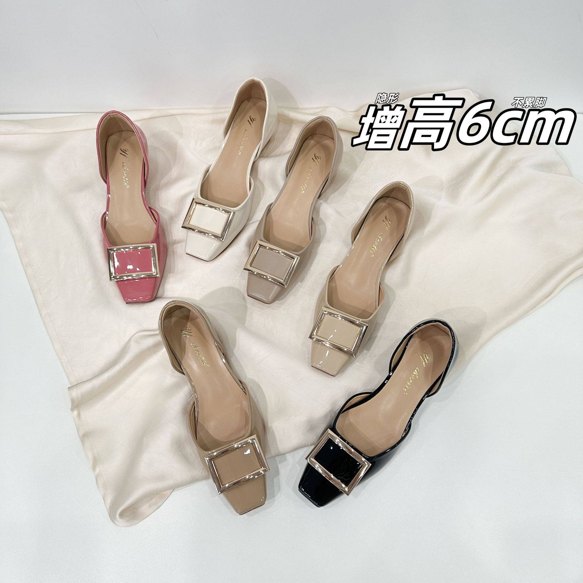 增高6cm经典四季款rv方扣中空单鞋女25新款气质方头漆皮凉鞋外穿