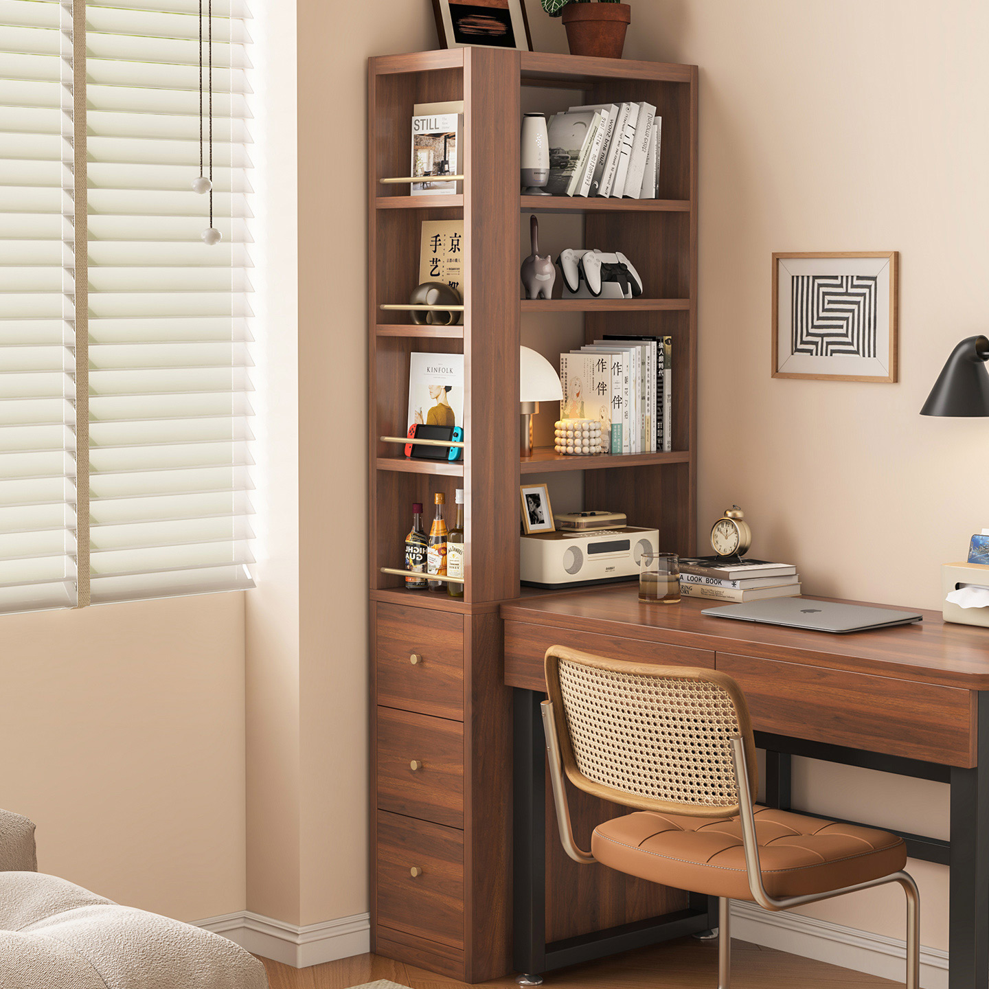 实木转角书柜一体靠墙夹缝收纳柜落地极窄沙发侧边柜抽拉柜置物架