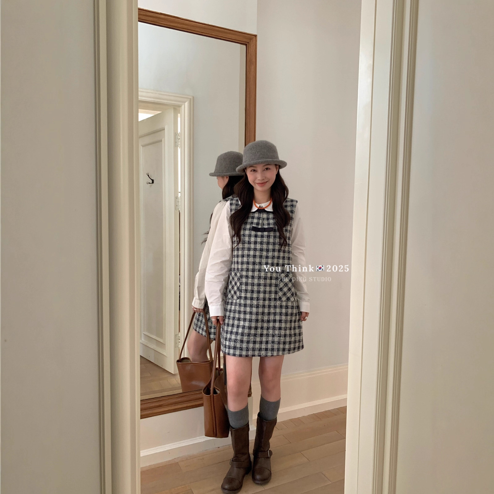 【You Think】十三行ins时尚通勤气质小香风格子宽松百搭连衣裙女