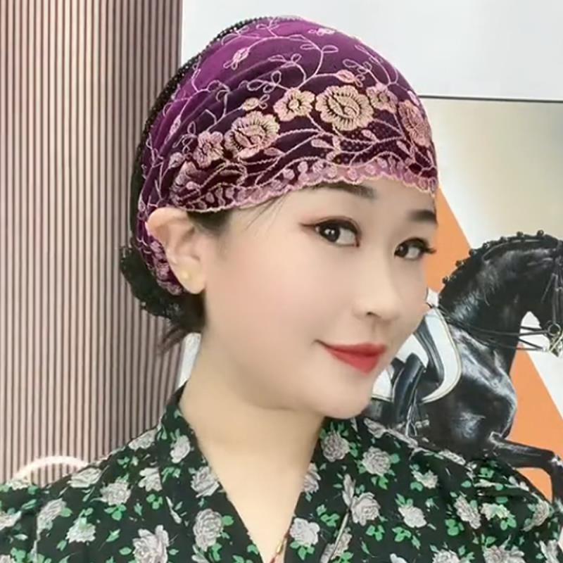 夏天款绣花遮白发包头帽